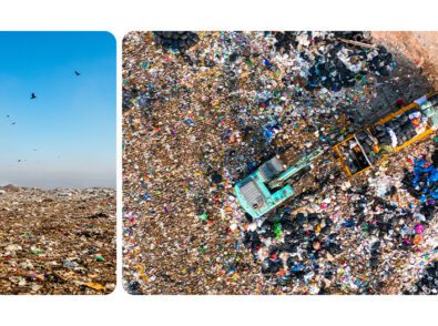 an aerial view of a landfill with birds flying over it