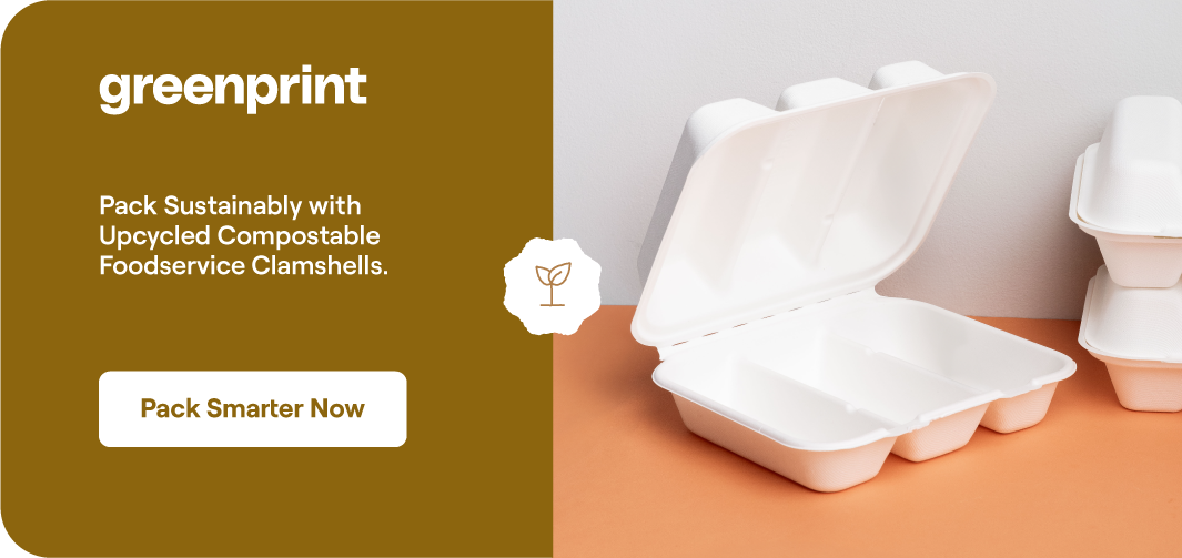 Greenprint Fiberware compostable clamshell containers demonstrating durability for foodservice takeout