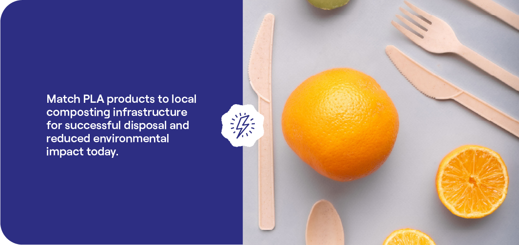 PLA utensils arranged with citrus fruits showing plant-based material options