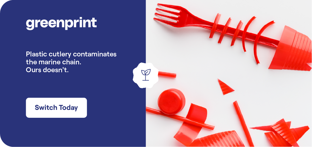 Comparison showing plastic cutlery contaminating the marine food chain versus compostable alternatives
