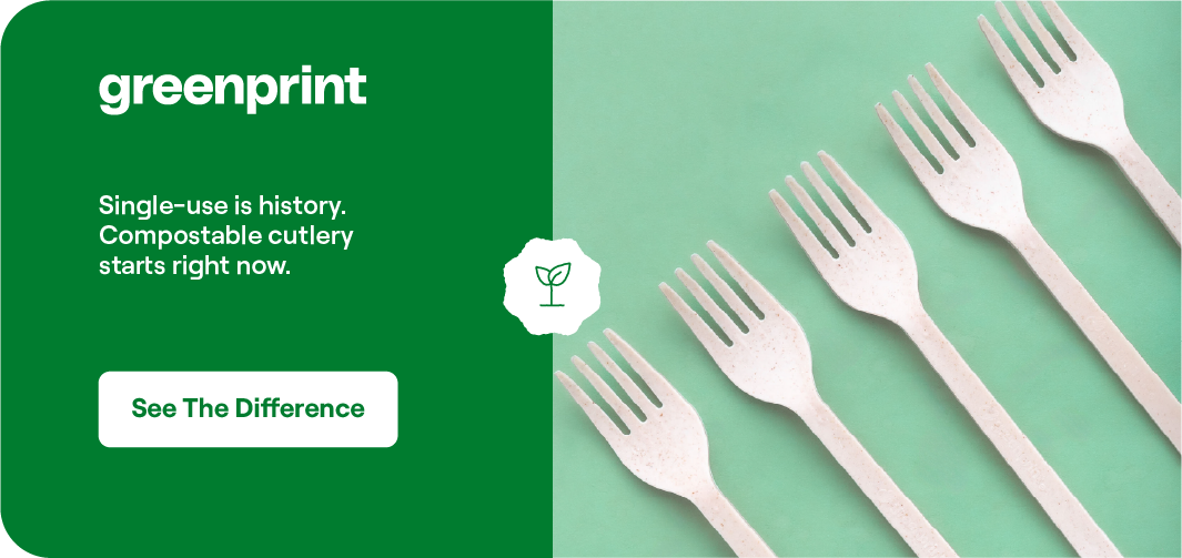 Greenprint compostable forks arranged on a mint green background, representing the shift from single-use plastic to plant-based cutlery