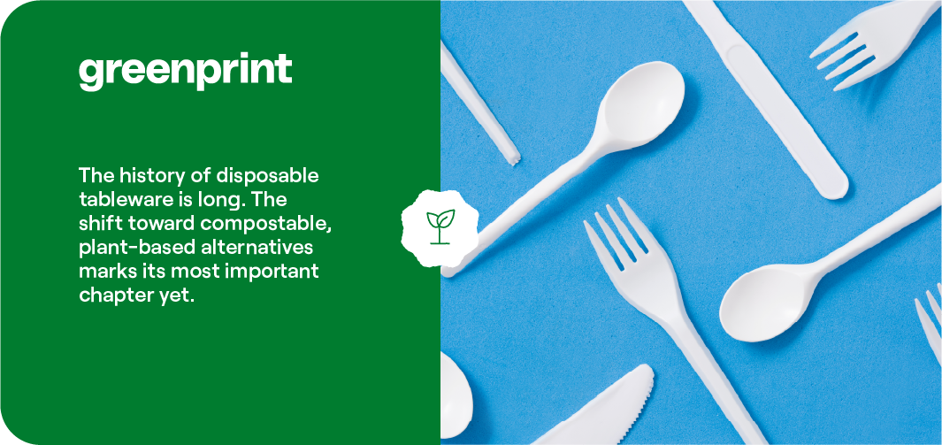 Compostable utensils on a blue background with Greenprint messaging about the history of disposable tableware and plant-based alternatives
