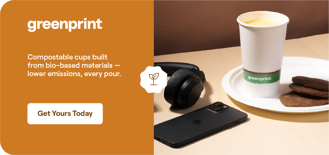 Compostable cup with Greenprint branding in a casual lifestyle setting showing bio-based materials in everyday use