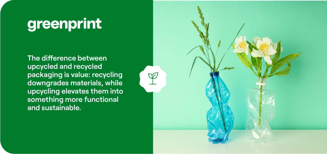 Upcycled vs recycled packaging showing repurposed bottles as flower vases