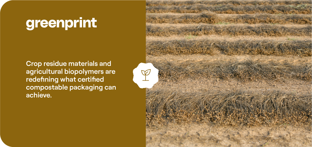 Rows of harvested crop residue in agricultural field representing biobased materials for compostable packaging
