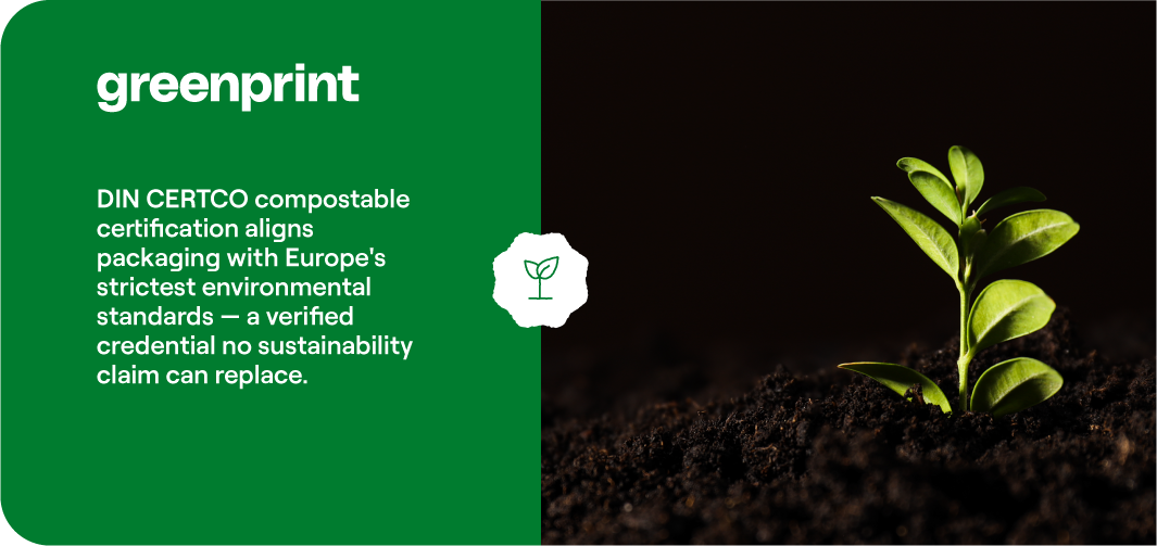 DIN CERTCO compostable certification with a green seedling growing from dark soil