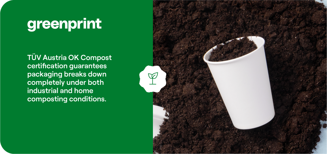 Compostable cup breaking down in rich compost soil under TÜV Austria OK Compost certification