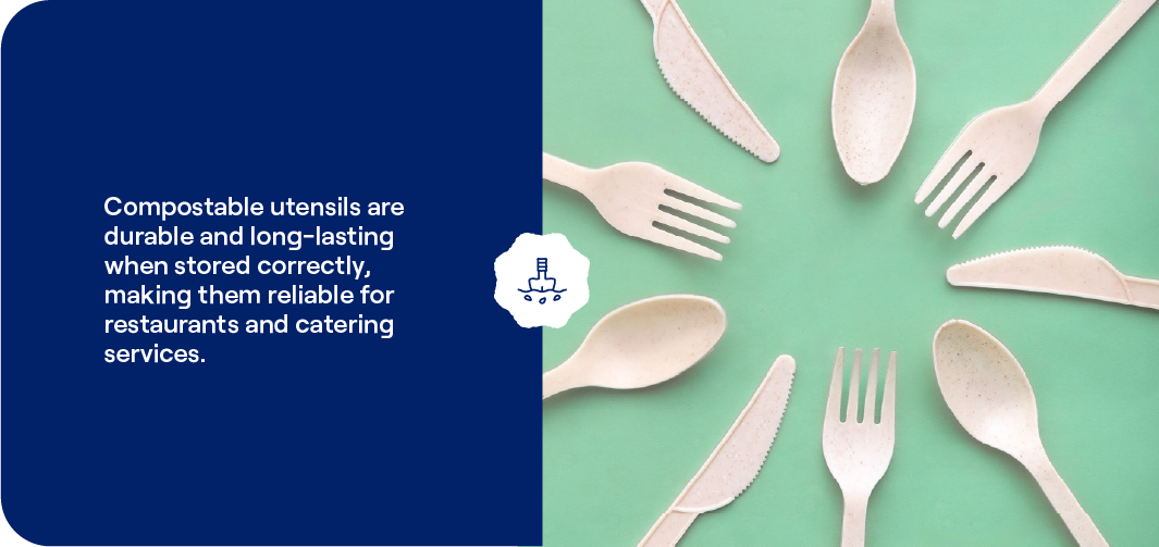 Compostable forks, spoons, and knives in cream and beige tones, showing durable plant-based utensils suitable for foodservice composting