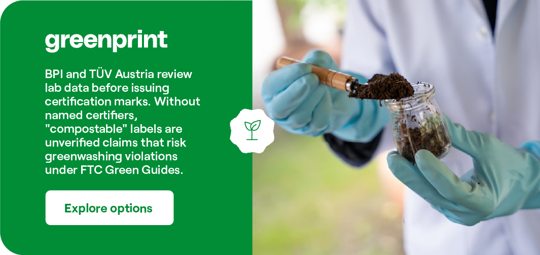 Lab technician reviewing compost data for third-party compostable certification under FTC Green Guide standards