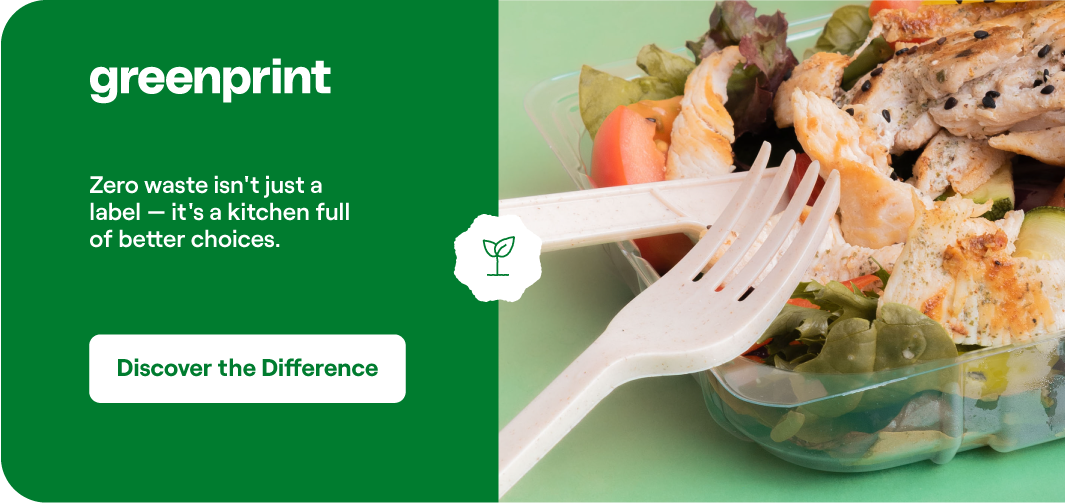 Greenprint compostable food container with fresh meal and sustainable fork