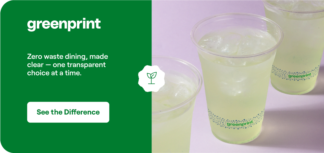 Greenprint clear compostable cups filled with beverages for zero waste dining