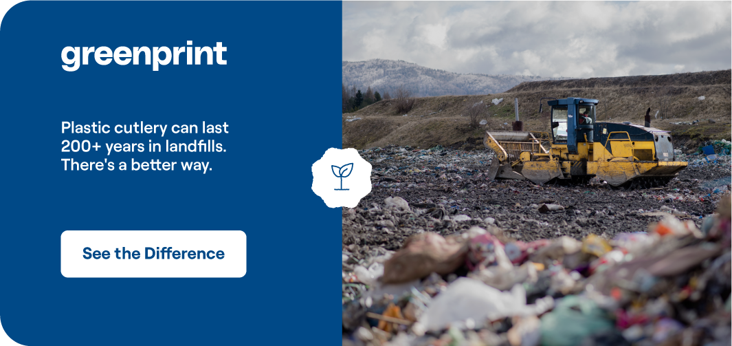 Landfill with heavy machinery compacting plastic waste including foodware containers and cutlery