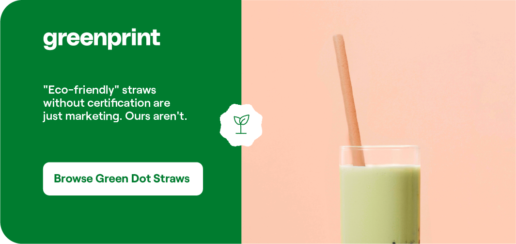 Greenprint agave straw in a drink beside the message that eco-friendly straws without certification are just marketing