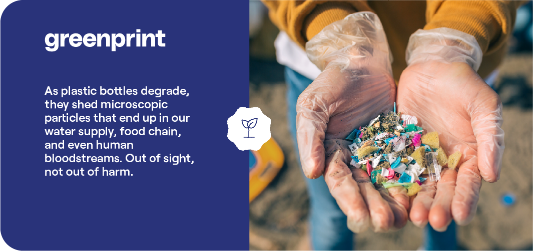 Hands holding colorful microplastic fragments shed from degrading plastic bottles