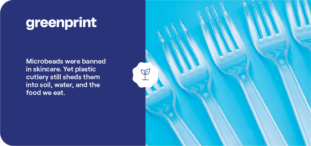 Close-up of translucent single-use plastic forks that shed microplastic particles into food