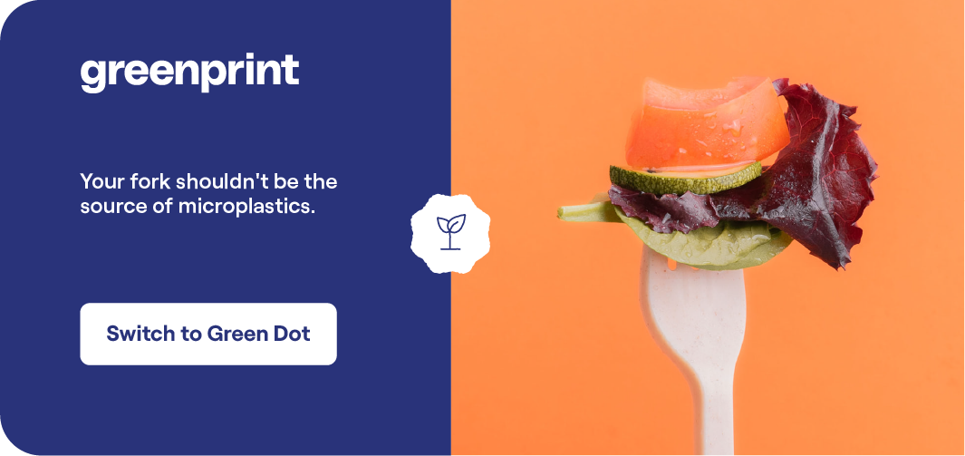 A disposable plastic fork holding fresh food, showing how everyday foodware can be a source of microplastics in food