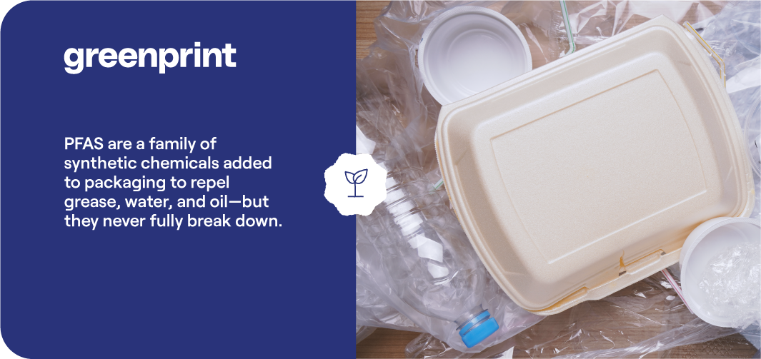Assorted disposable plastic food packaging including a clamshell container, illustrating PFAS and microplastics concerns in food packaging