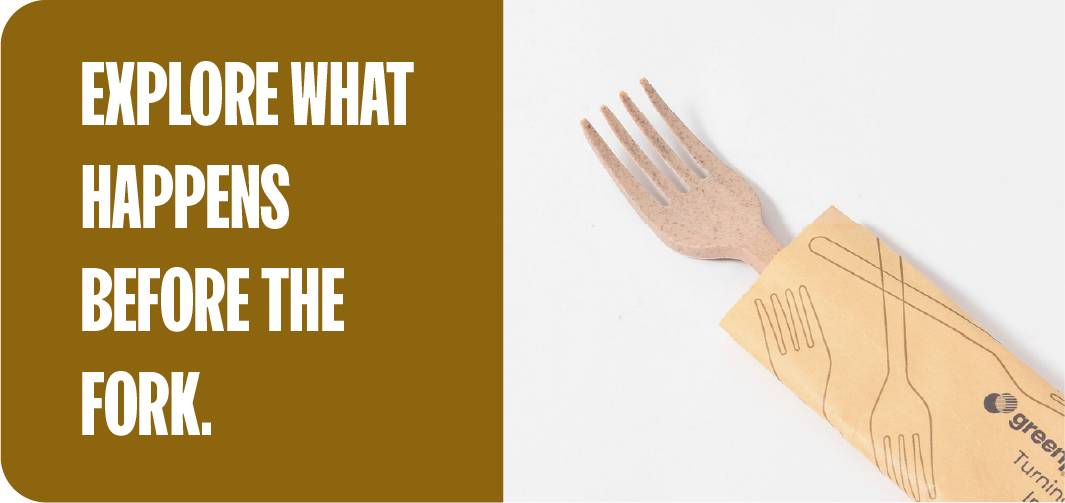 Greenprint wooden compostable fork with kraft paper wrapper as a low-carbon alternative to plastic cutlery