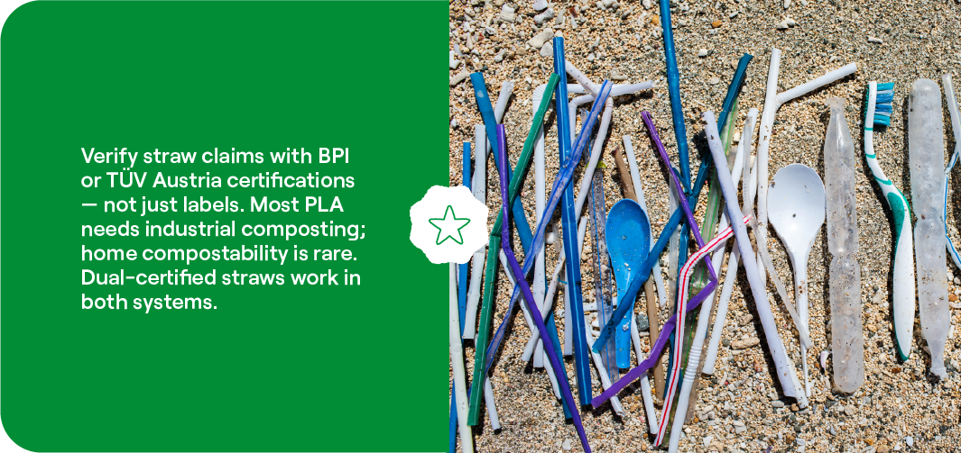 Discarded plastic straws scattered on a beach, showing single-use plastic straw pollution