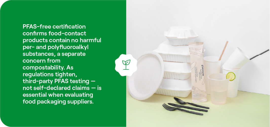 PFAS-verified compostable plates and bowls arranged for a foodservice setting