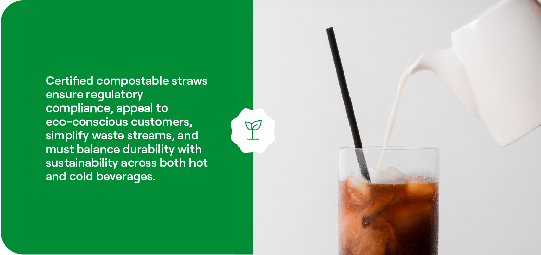 Black certified compostable straw performing in an iced beverage