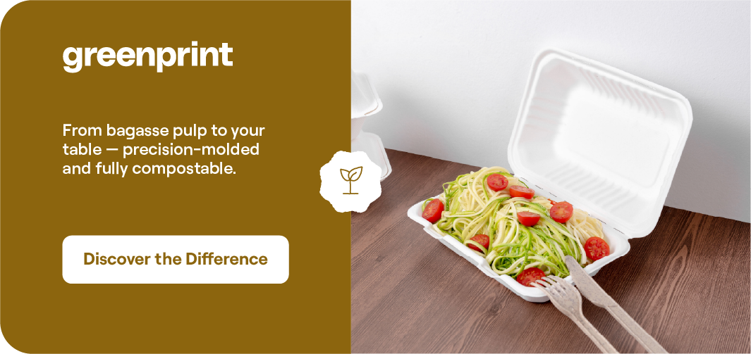 Compostable bagasse salad container with a lid holding a fresh takeout salad