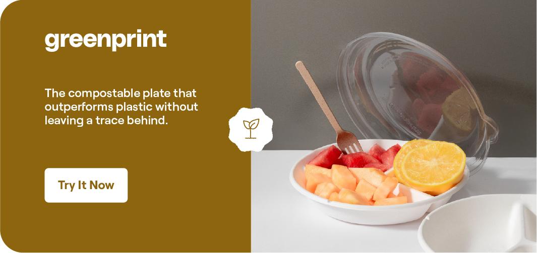 Durable compostable bowl and plate holding a fresh fruit salad