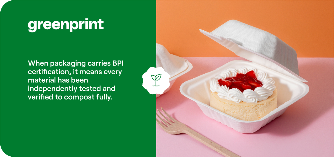BPI-certified compostable clamshell container holding a dessert