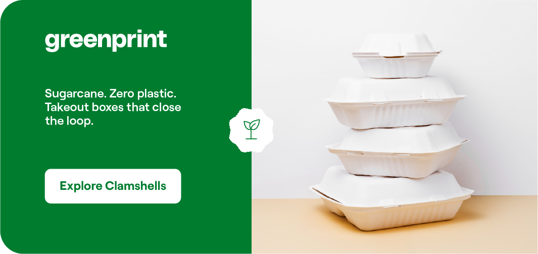 Stack of molded sugarcane fiber compostable clamshell takeout containers