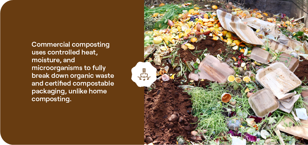 Commercial composting pile breaking down certified compostable food packaging