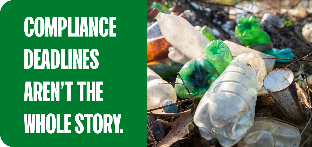 Landfill bottles under the message that compliance deadlines aren't the whole story for pending Illinois plastic bills