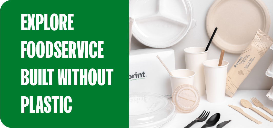Flat-lay of compostable foodservice products for Illinois restaurants, including fiber plates, clamshells, and cutlery
